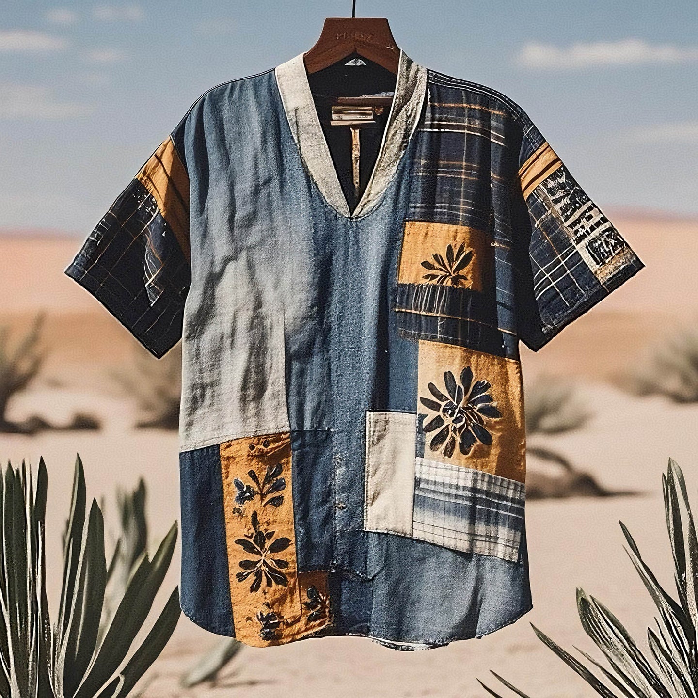 Men's Contrast Colors Patchwork Sun Linen T-shirt elevenforest