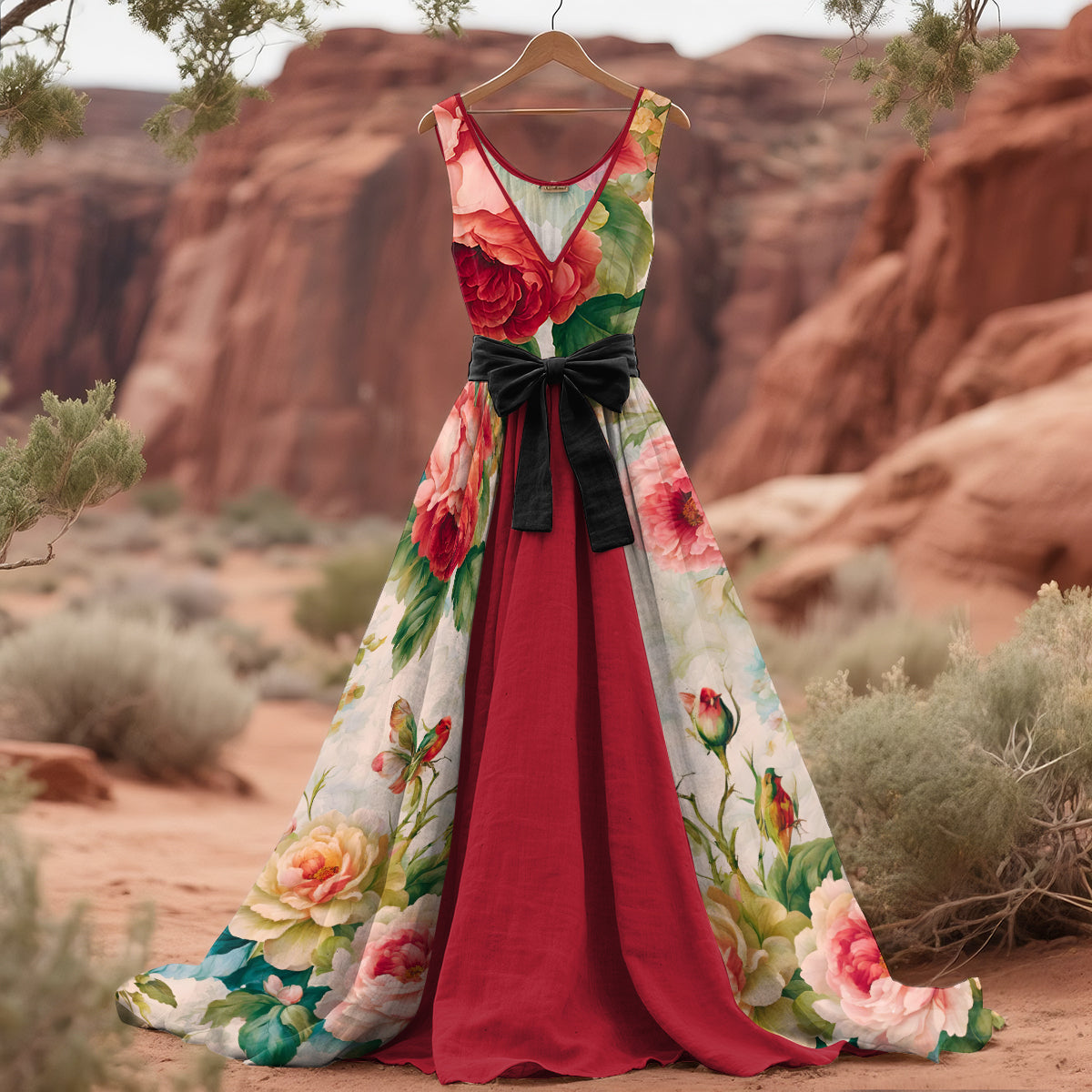 Women's Floral Contrast Colors Art Linen Tank Midi Dress(belt Not Included) elevenforest