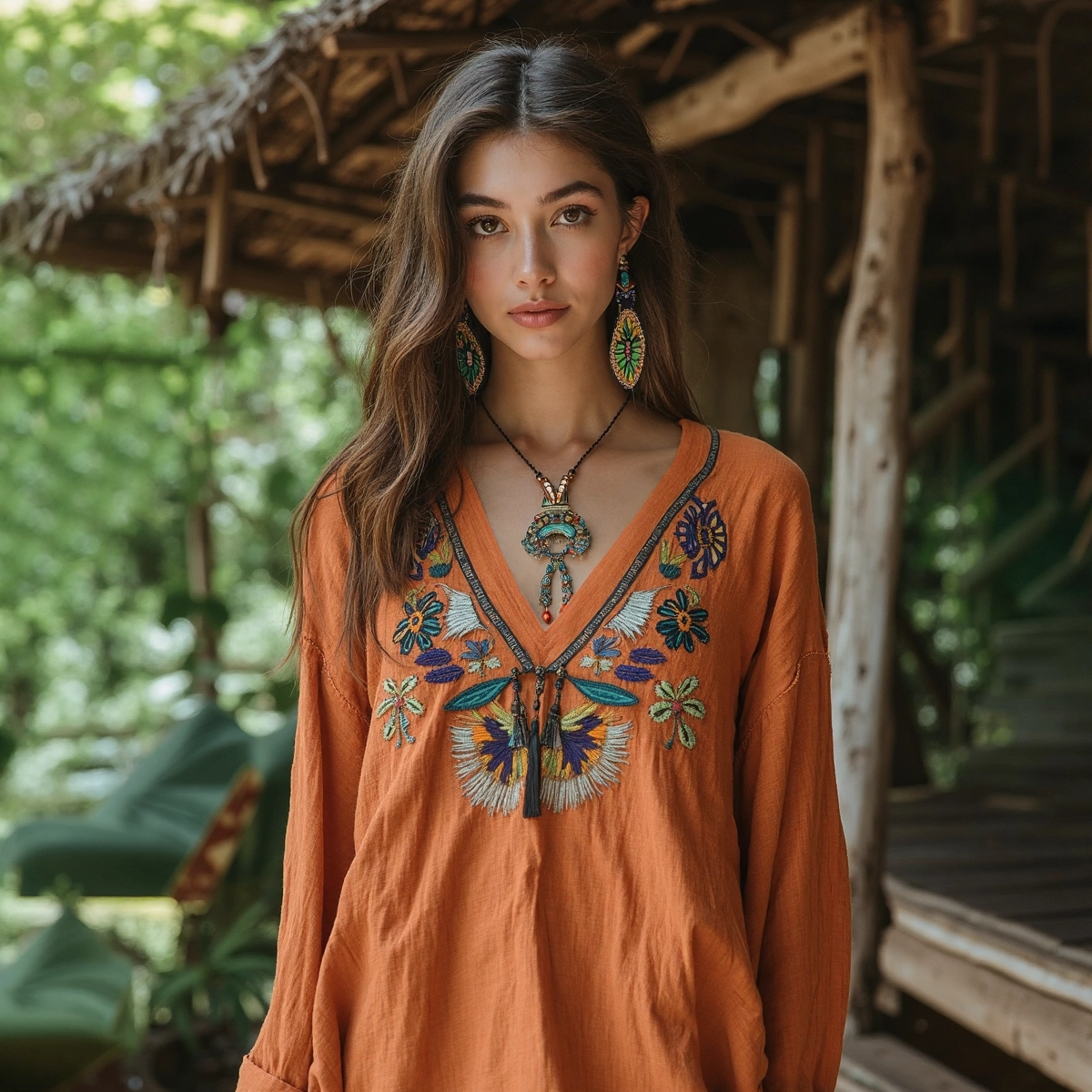 Retro Floral Tribal Embroidery Print Cotton And Linen Blend Loose Blouse elevenforest