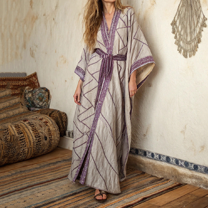 Women's Vintage Line Art Linen V-neck Robe elevenforest