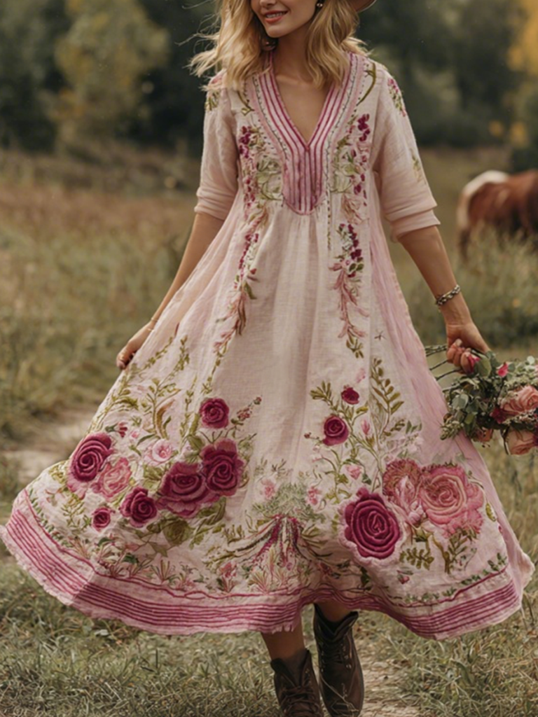 Classy Gradient Pink Roses And Striped Embroidered Linen Maxi Dress elevenforest