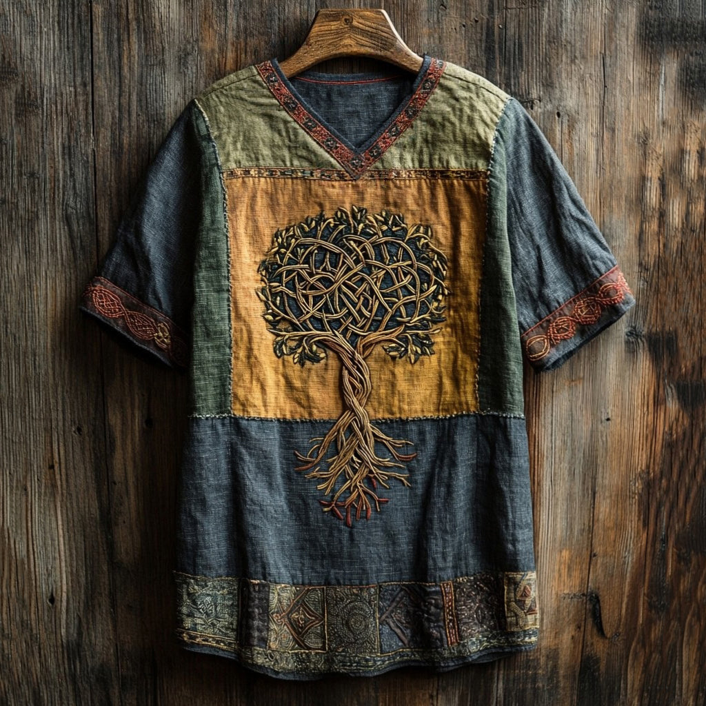 Men's Celtic Knot Tree Of Life Patchwork Contrast T-shirt elevenforest