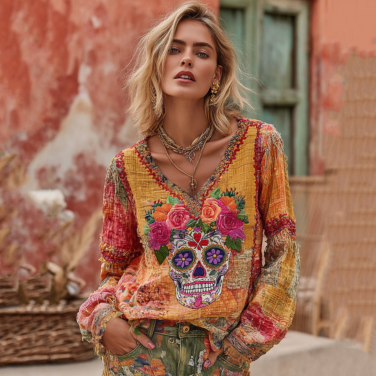 Women's Classic Mexican Sugar Skeleton Catrina Day Of The Dead Inspired Painting Embroidered Casual Linen V Neck Long Sleeve T-shirt elevenforest