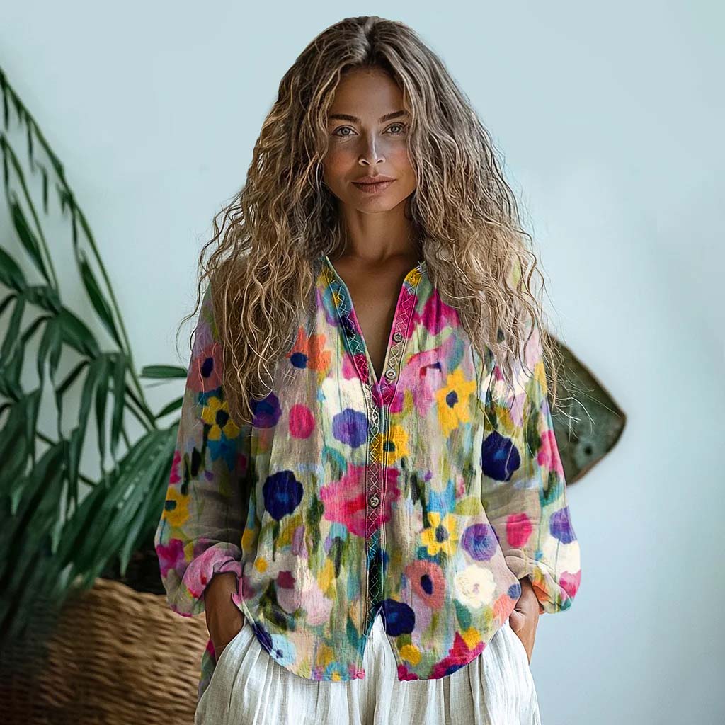 Vintage Colorful Floral Art Cotton Linen Casual Shirt elevenforest