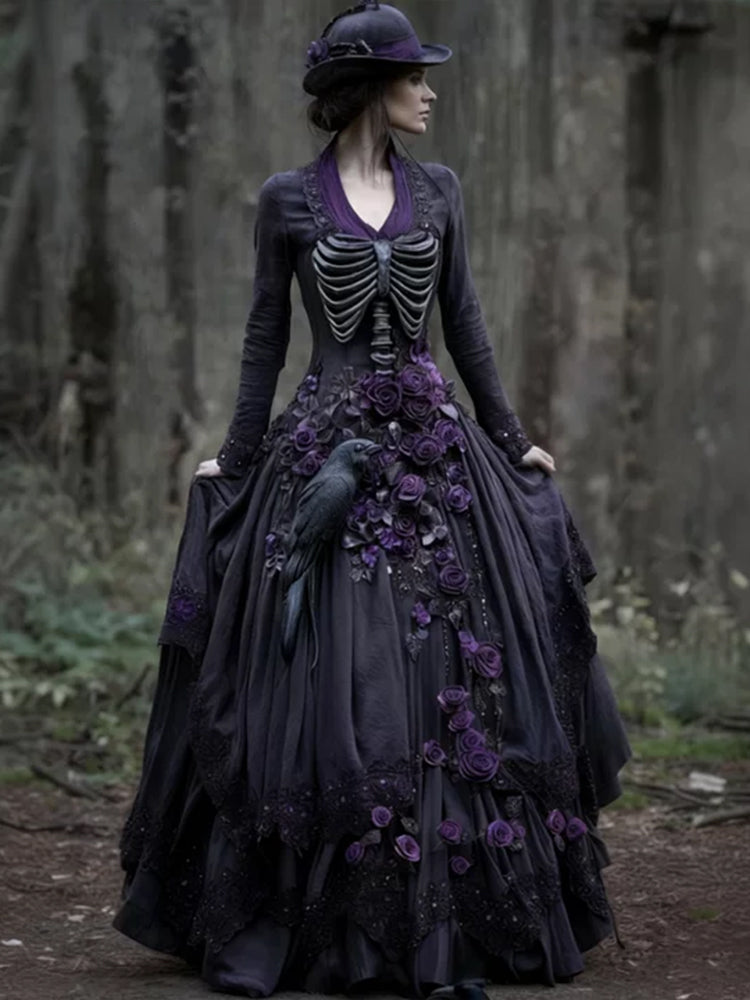 Women's Halloween Crow And Rose Tie Dyeing V-neck Dress elevenforest