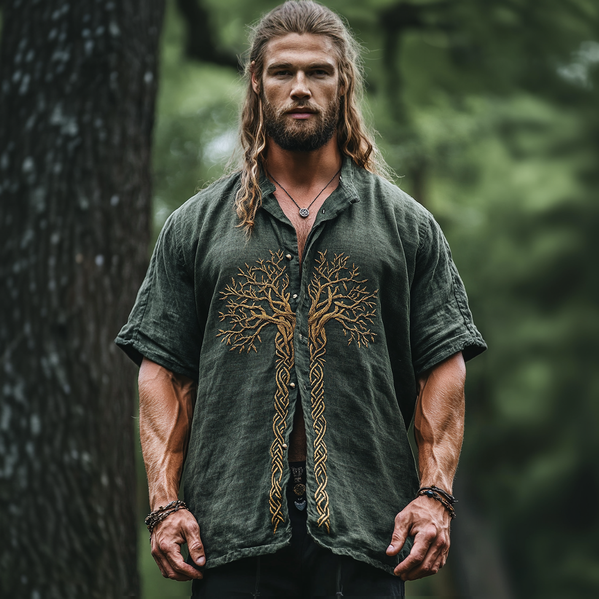 Men's Viking Celtic Mythology Tree Of Life Lapel Shirt elevenforest