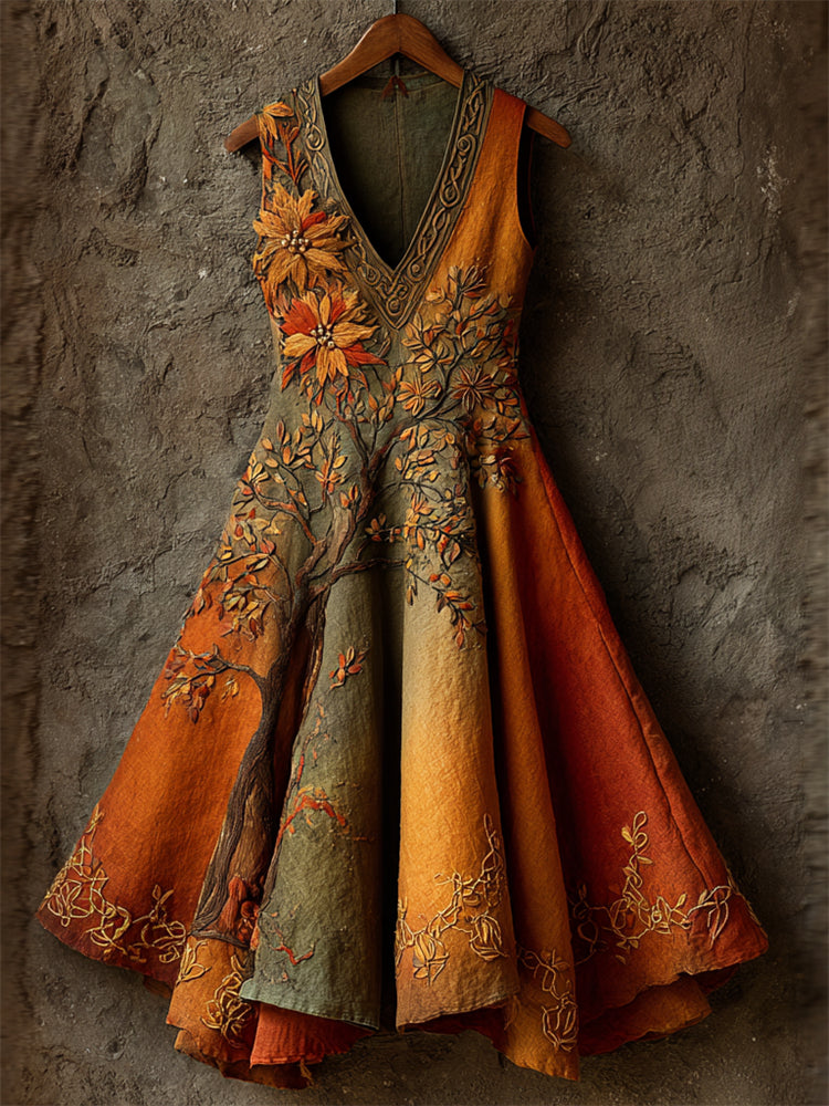 Vintage Fall Floral Tree Of Life Celtic Embroidered Dyed Linen Dress elevenforest