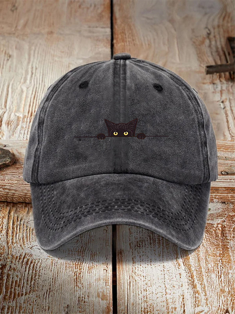 Japanese Art Black Cat Print Washed Hat elevenforest