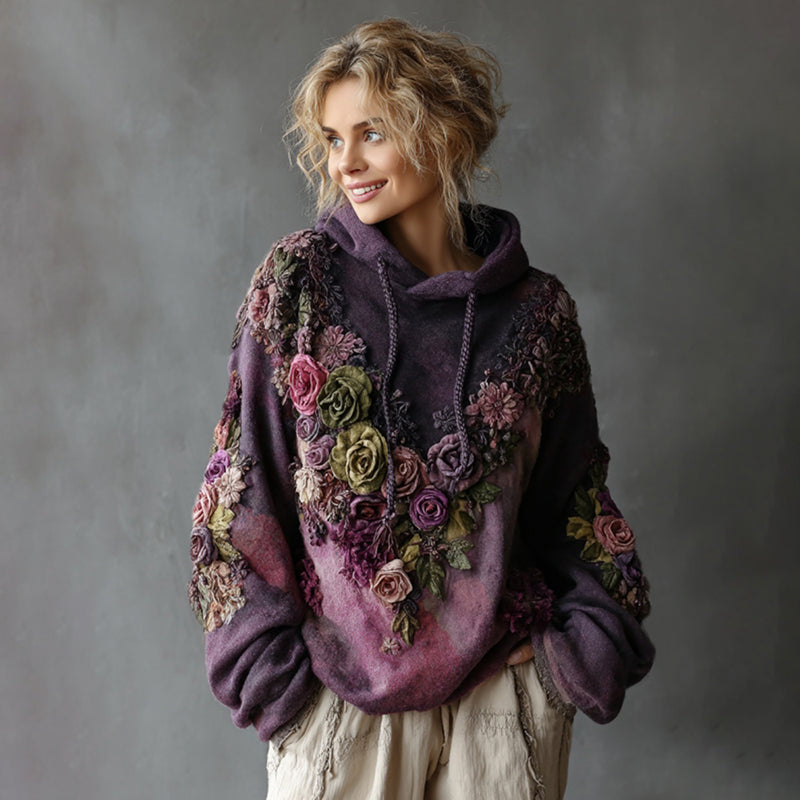 Women's Purple Rose Embroidery Art Cozy Hooded Sweater elevenforest