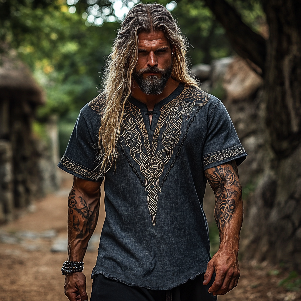 Men's Viking Celtic Knot Art Linen Blend Shirt elevenforest