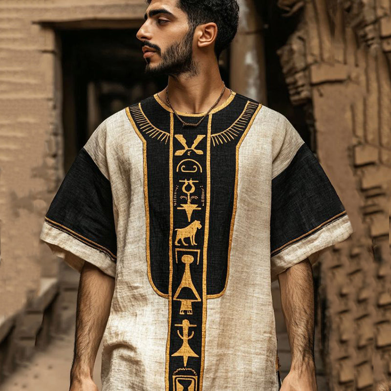 Vintage Egyptian Rune Embroidered Contrast Linen Shirt elevenforest