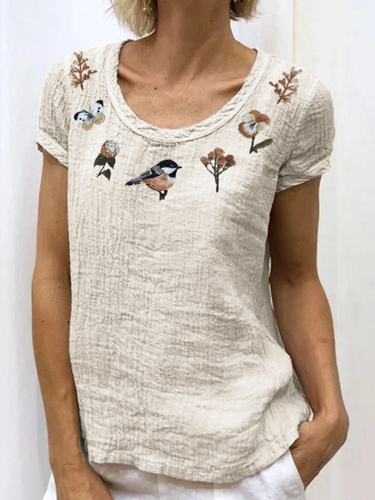 Comstylish Cottage Forest Bird Floral Embroidered Linen Shirt