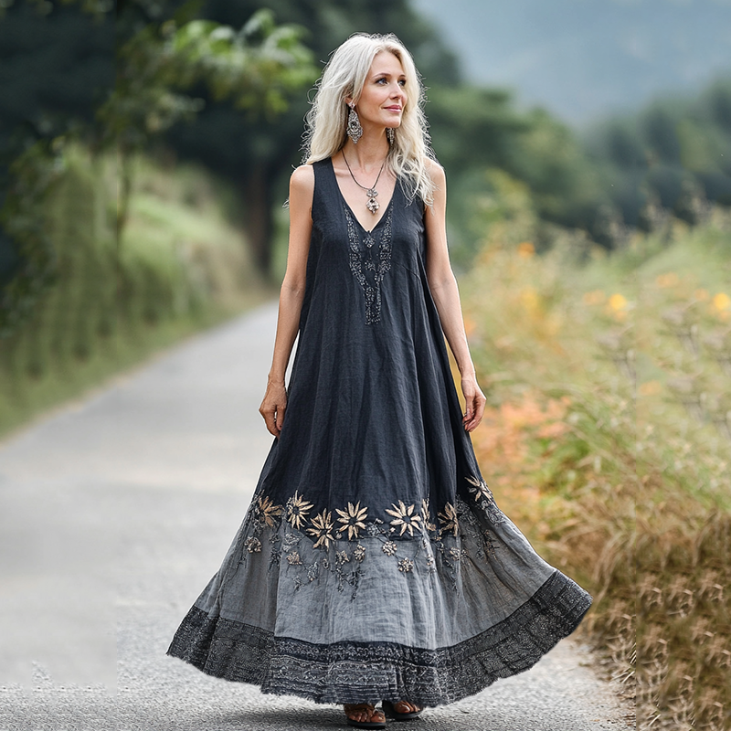 Retro Boho Floral Embroidery Art Sleeveless Linen Maxi Dress elevenforest