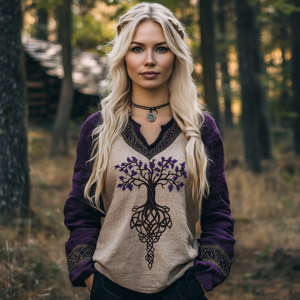 Women's Viking Tree Of Life Patchwork Art Linen Print Casual Shirt elevenforest