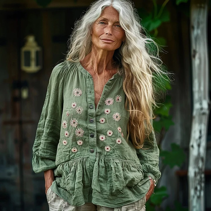 Bohemian Linen Floral Art Print Long Sleeve Loose Shirt elevenforest