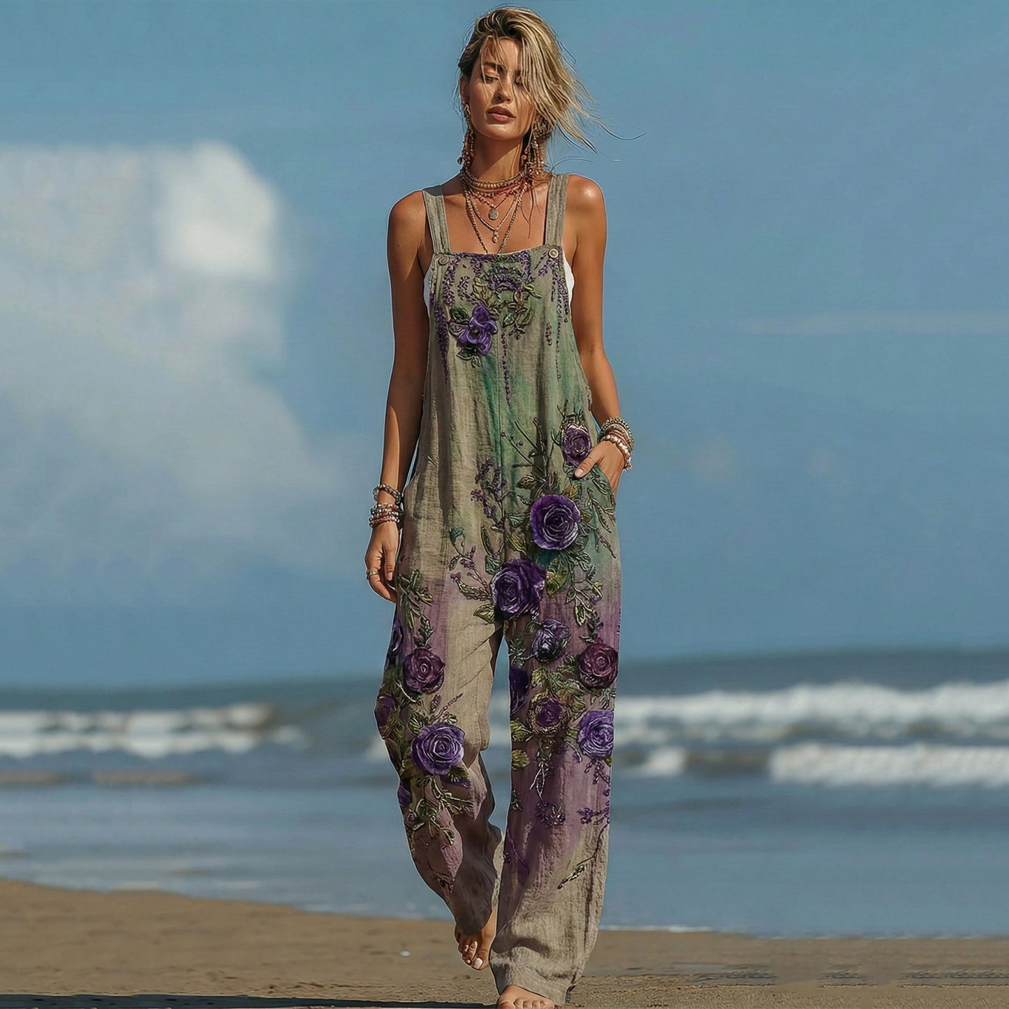 Boho Ethnic Embroidered Pattern Floral Patchwork Linen Jumpsuit elevenforest