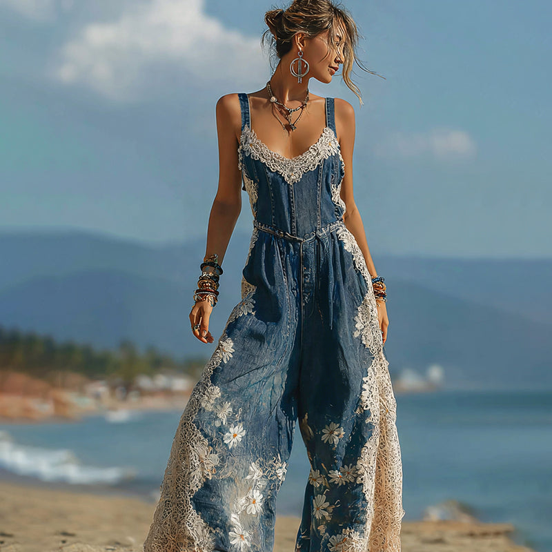 Boho Daisy Lace Embroidered Pattern Floral Patchwork Linen Jumpsuit elevenforest