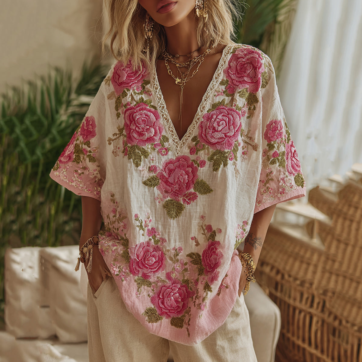 Women's Vintage Floral Gradient Art V Neck Linen Comfy T-shirt elevenforest