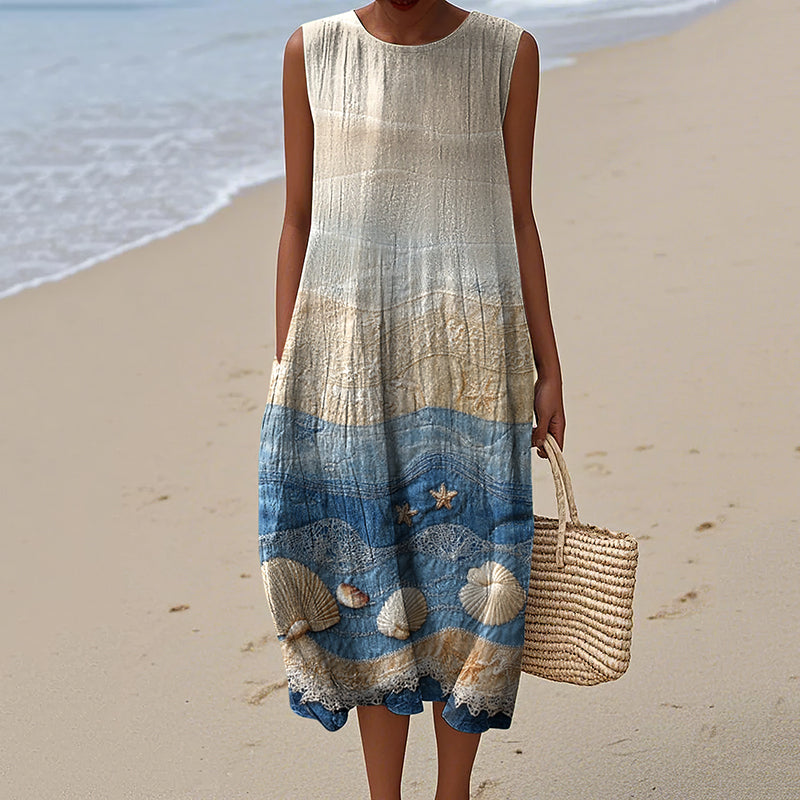 Vintage Loose Starfish & Sea Shells Sea Waves Art Sleeveless Cotton And Linen Tank Dress elevenforest