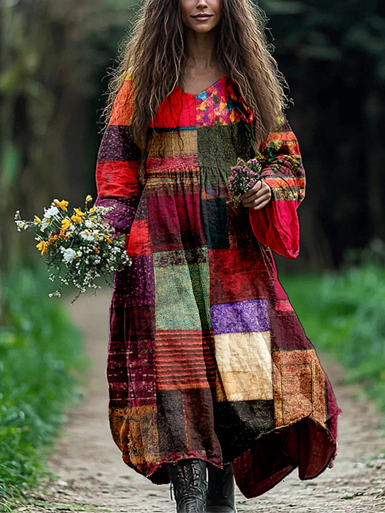 Vintage Boho Patchwork Linen Flowy Maxi Dress elevenforest