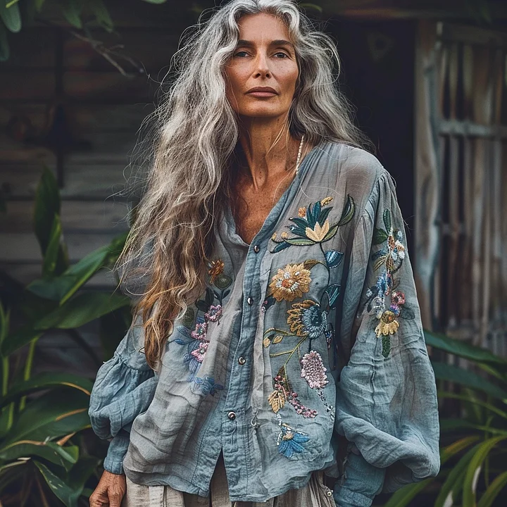 Vintage Bohemian Style Linen Floral Art Print Long Sleeve Shirt elevenforest