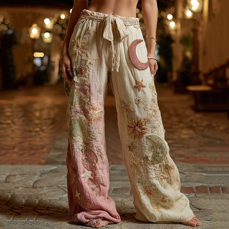 Star And Moon Embroidered Contrasting Linen Casual Pants elevenforest