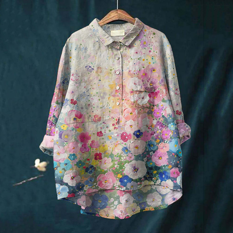 Comstylish Vintage Flowers Oil Painting Art Print Casual Cotton And Linen Shirt