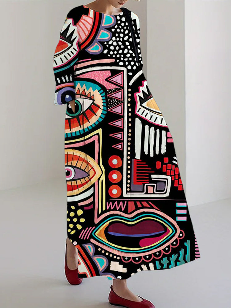 Geometric Abstract Art Women's Linen Maxi Dress elevenforest