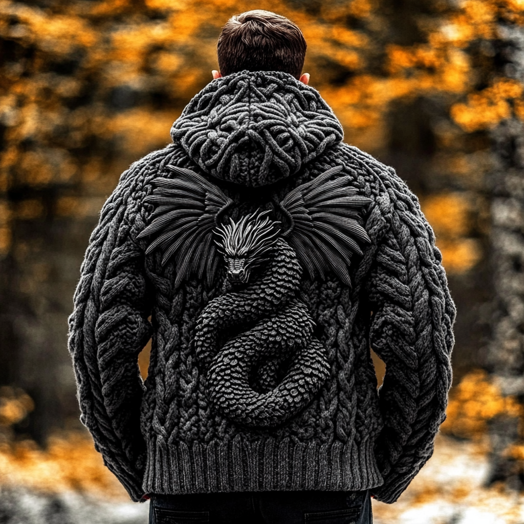 Men's Dragon Viking Celtic Chunky Knit Hooded Sweater elevenforest