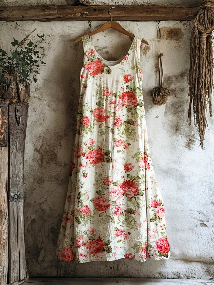 Vintage Rose Print Women's Linen Vest Dress elevenforest