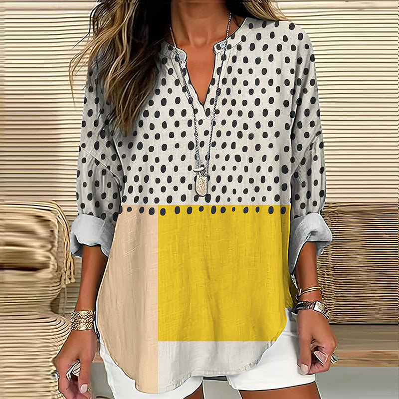 Women's Vintage Geometric Art Linen V Neck Shirt elevenforest