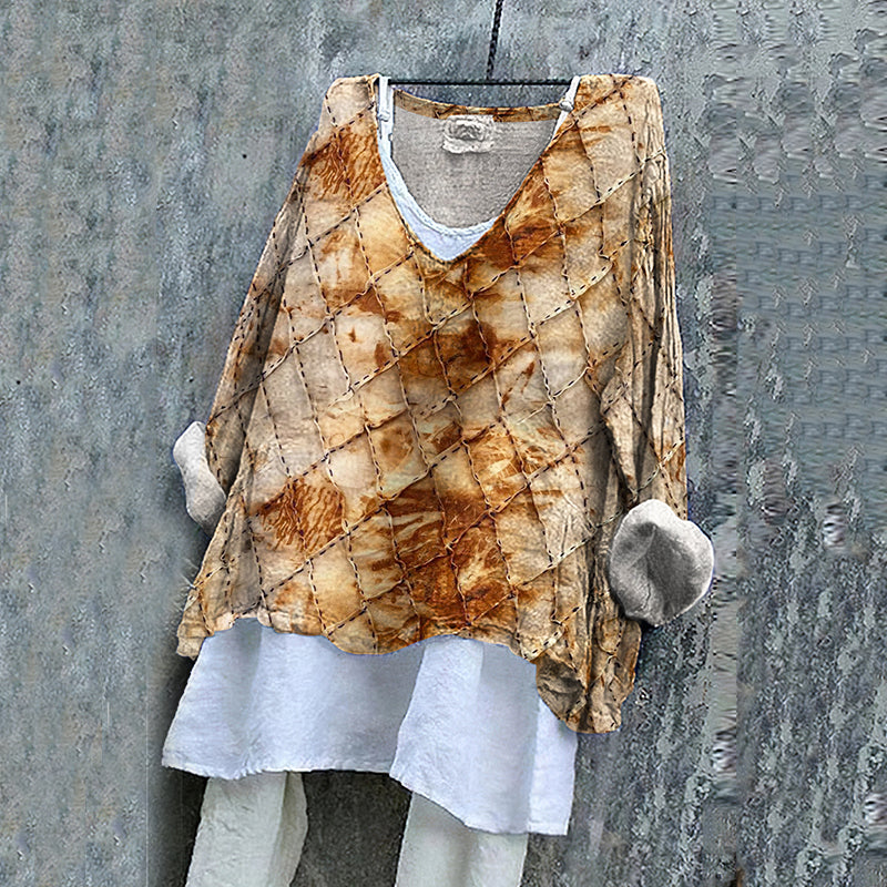 Women's Vintage Rust Dyed V-neck Linen Blend T-shirt elevenforest