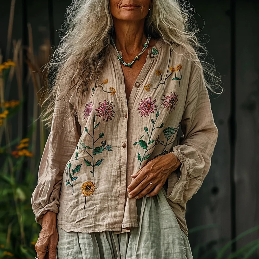 Bohemian Linen Floral Art Print Long Sleeve Loose Shirt elevenforest