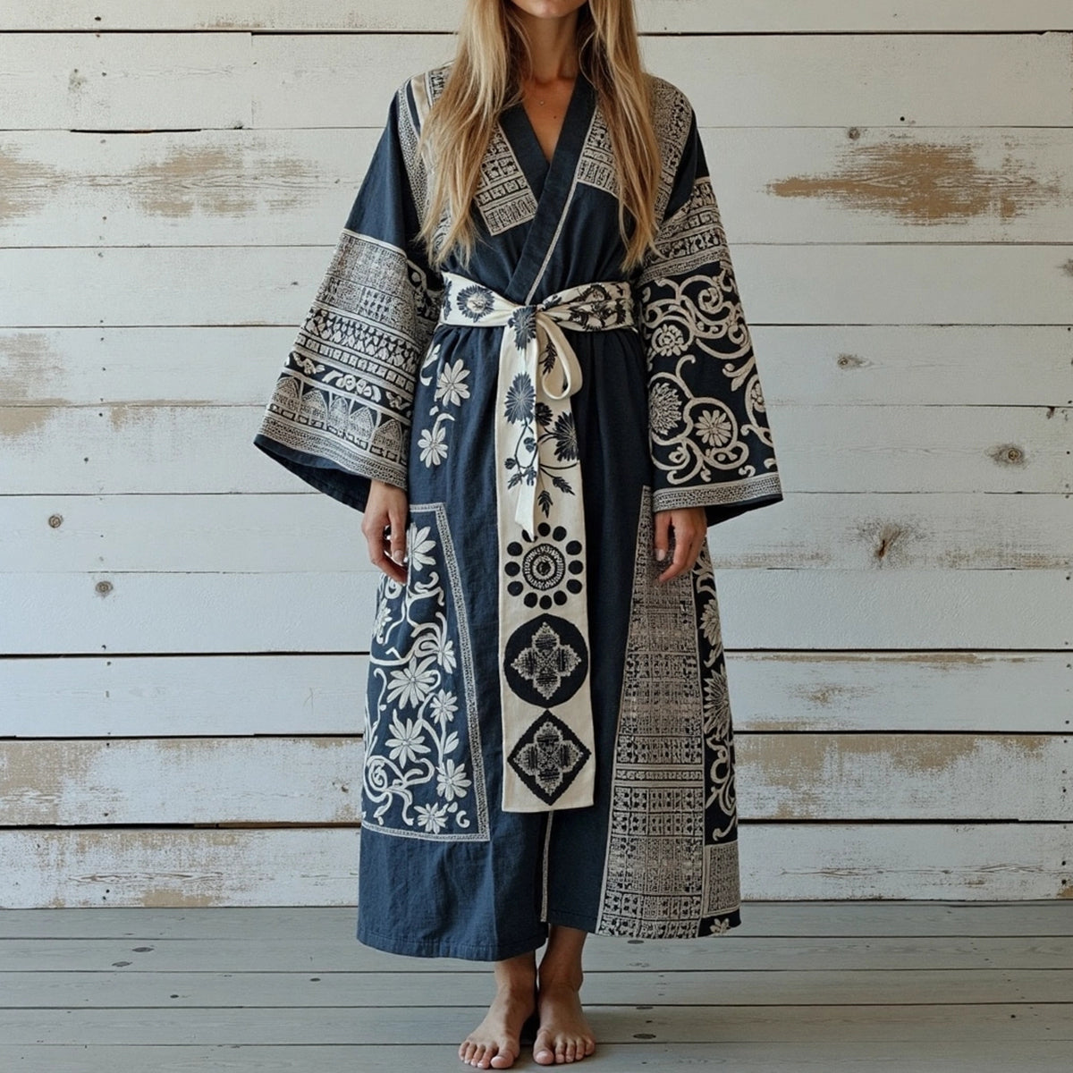 Women's Japanese Traditional Sashiko Art Linen V-neck Robe elevenforest