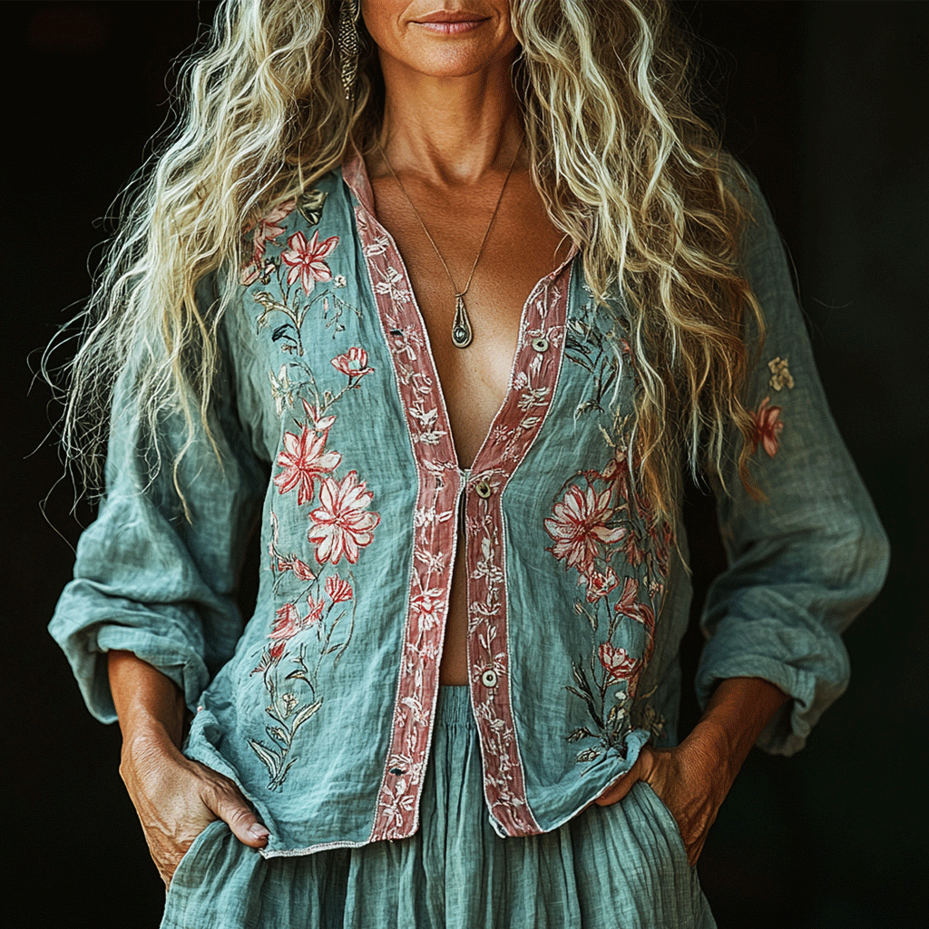 Bohemian Linen Floral Art Print Long Sleeve Shirt elevenforest