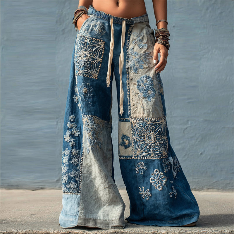 Boho Floral Japanese Sashiko Colorblock Flowy Wide Leg Linen Pants elevenforest