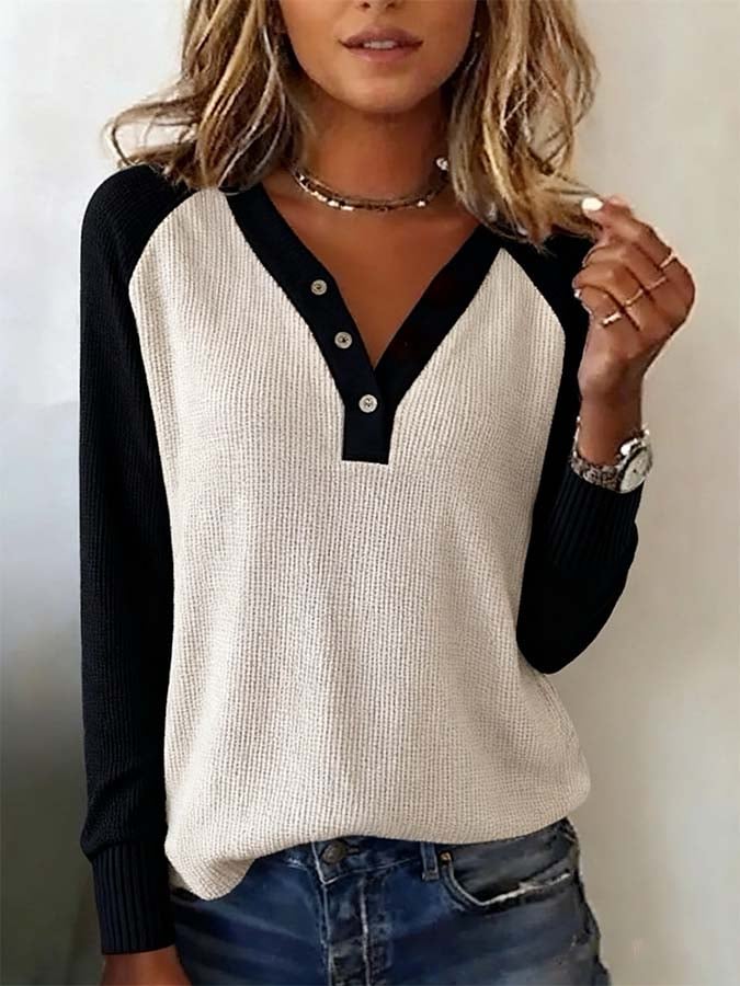 Women'S Casual Loose Waffle Stitching Long Sleeve Top
