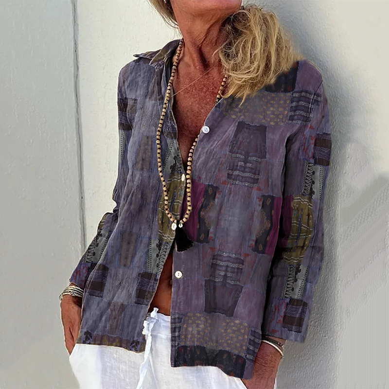 Vintage Floral Patchwork Art Linen Print Long Sleeve Shirt elevenforest