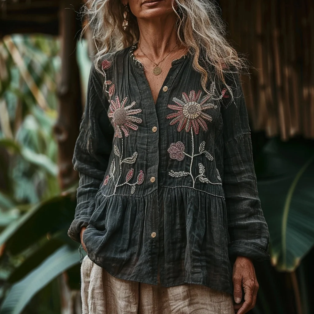Bohemian Style Linen Floral Art Print Long Sleeve Loose Shirt elevenforest