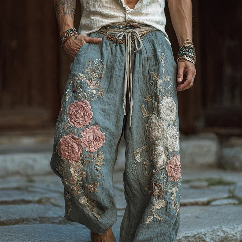 Men's Boho Roses Floral Embroidered Wide Leg Linen Pants elevenforest