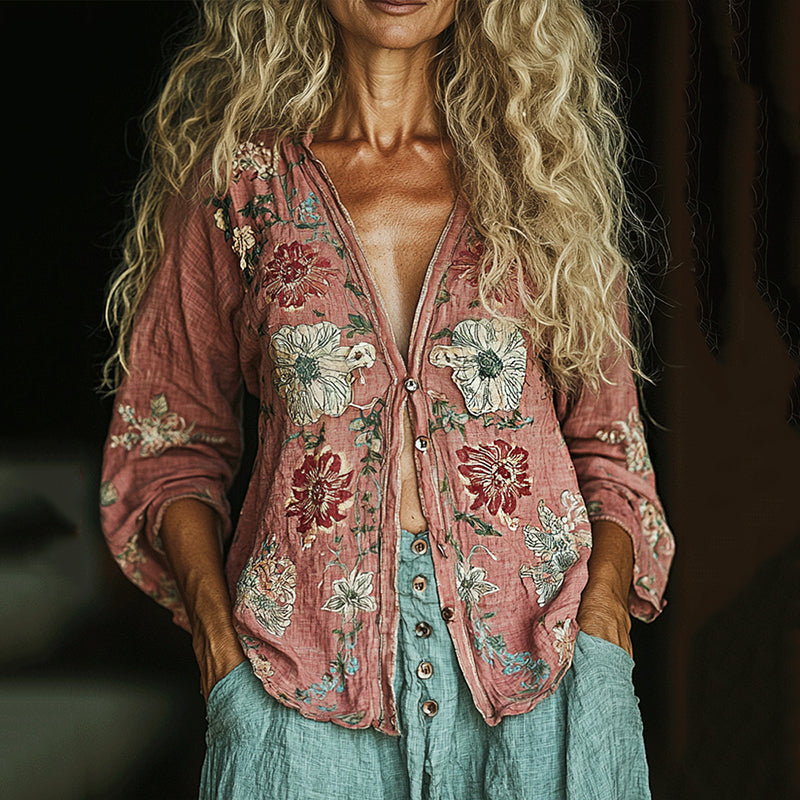 Bohemian Linen Floral Print Long Sleeve Shirt elevenforest