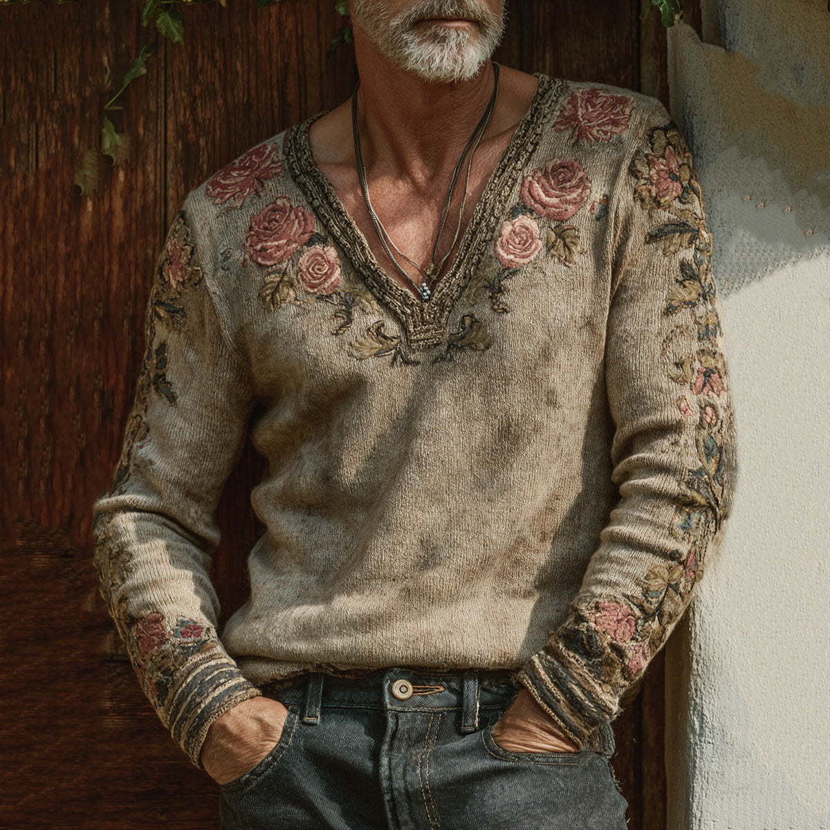 Men's Vintage Floral Art Jacquard Thick Warm V Neck Sweater elevenforest