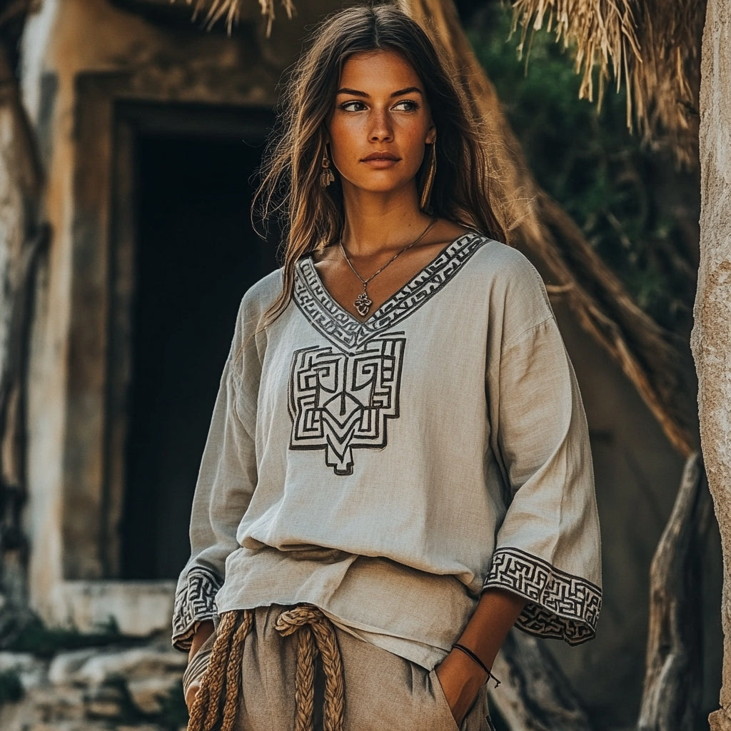 Vintage Greek Key Motif Cretan Embroidery Linen Blend V-neck T-shirt elevenforest