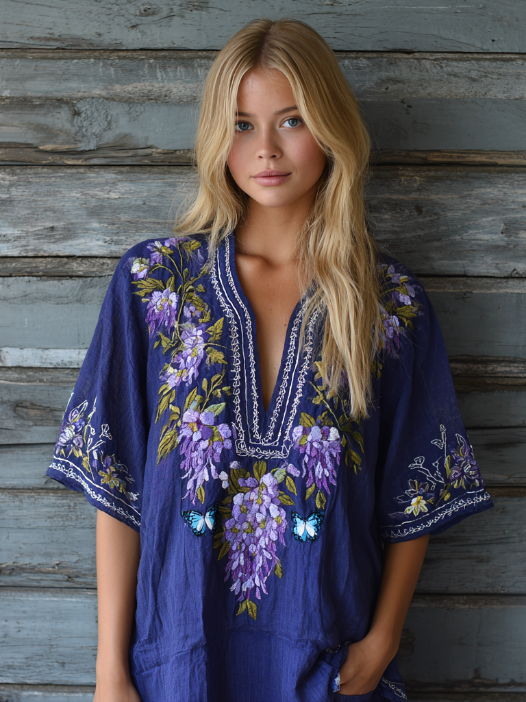 Women's Lavender Butterfly Embroidery Linen V-neck Shirt elevenforest