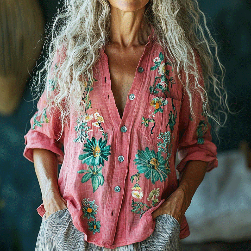 Retro Bohemian Style Linen Floral Art Print Long Sleeve Loose Shirt elevenforest