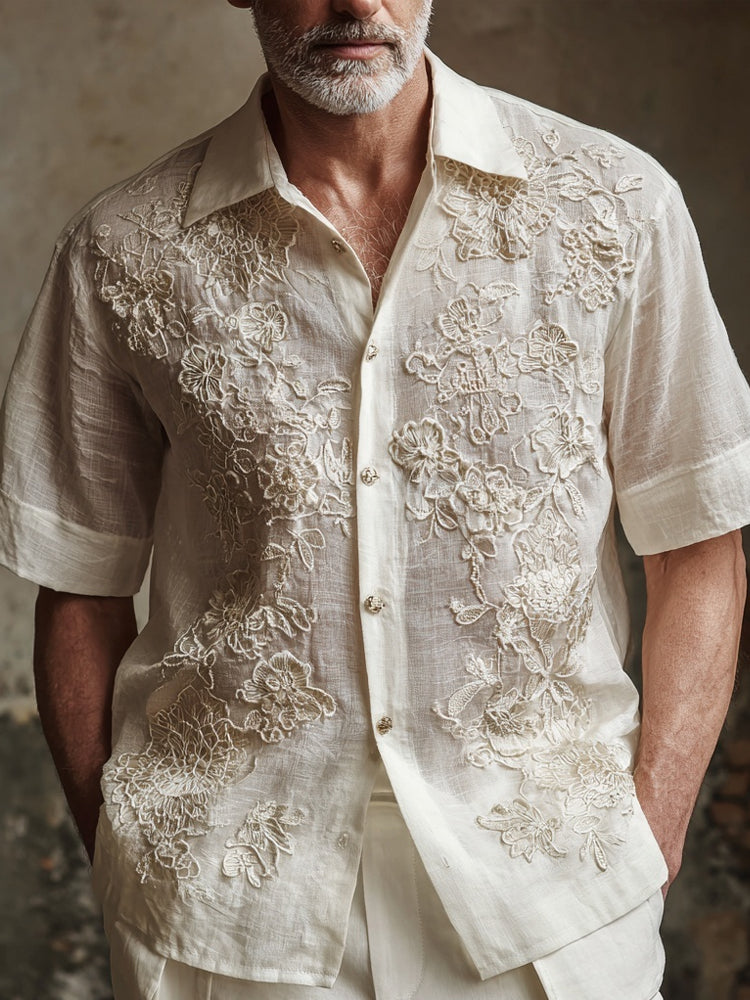 Men's Floral Lace Embroidered Short Sleeve Linen Shirt elevenforest