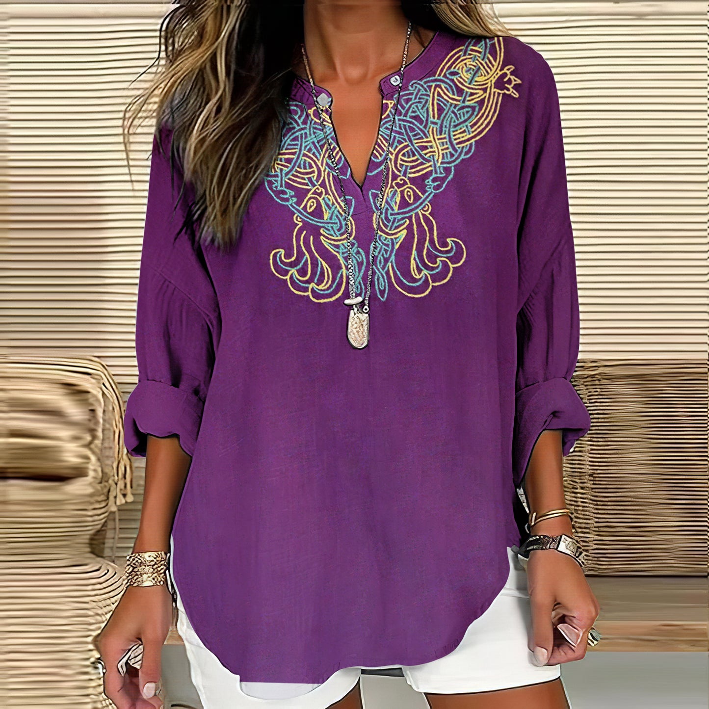 Women's Viking Art Linen Print Casual Shirt elevenforest