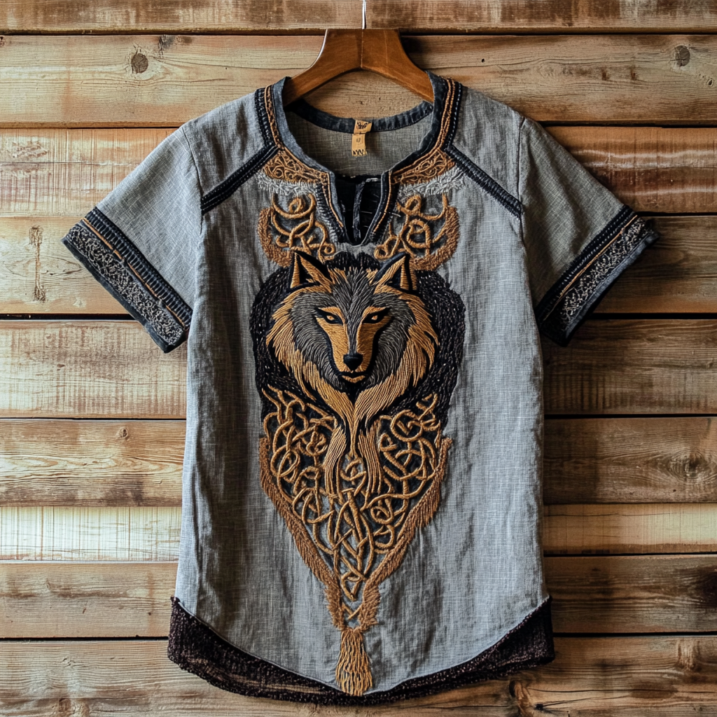 Mens Vintage Viking Wolf Celtic Linen Shirt elevenforest