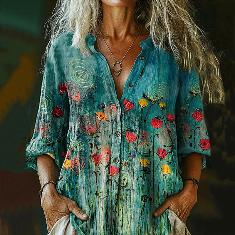 Women's Floral Art Long Sleeve Casual Linen Henley Collar Shirt elevenforest