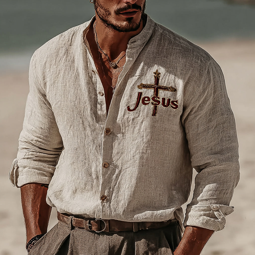 Men's Vintage Faith Ephesians 2:8 Art Loose And Comfortable Cotton And Linen Long-sleeved Shirts elevenforest